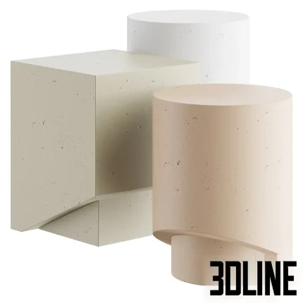 3D model of the KAI side table featuring a geometric composition of an intersecting cylinder and cube, rendered in a textured off-white concrete or plaster finish.