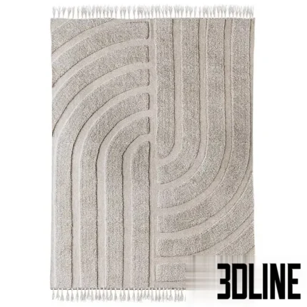 3D model of the Karmen Hilo rug featuring a beige tufted wool texture with a high-low relief geometric pattern of arches and lines, finished with braided tassels.
