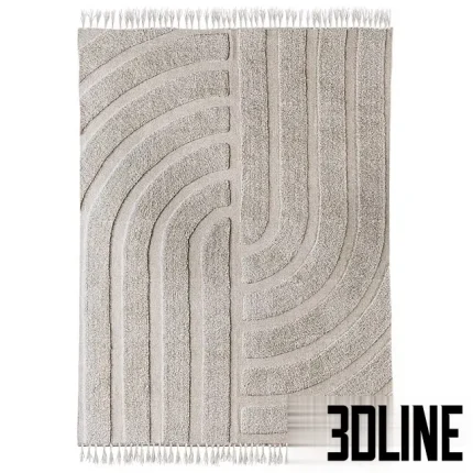 Detailed 3D model of the Karmen Hilo tufted rug, a rectangular carpet with a neutral beige color and a low-pile cut that creates a carved, geometric arch pattern.