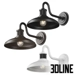 3D model of the Kichler Allenbury outdoor wall light (12-inch), featuring a classic barn-style gooseneck design with a wide shade, shown in black, textured bronze, and white finishes.