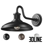 3D model of the Kichler Allenbury outdoor wall light (12-inch), featuring a classic barn-style gooseneck design with a wide shade, shown in black, textured bronze, and white finishes.
