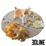 3D model set of nursery decorations including a plush rocking deer, mustard and beige leaf-shaped pillows, a stack of wooden alphabet blocks, and children's books.