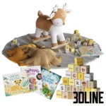 3D model set of nursery decorations including a plush rocking deer, mustard and beige leaf-shaped pillows, a stack of wooden alphabet blocks, and children's books.