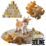 3D model set of nursery decorations including a plush rocking deer, mustard and beige leaf-shaped pillows, a stack of wooden alphabet blocks, and children's books.