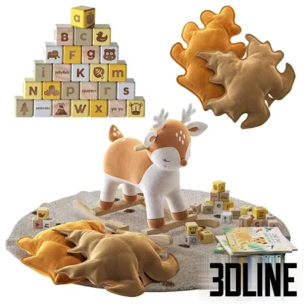 3D model set of nursery decorations including a plush rocking deer, mustard and beige leaf-shaped pillows, a stack of wooden alphabet blocks, and children's books.