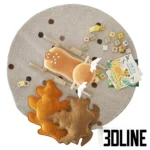3D model set of nursery decorations including a plush rocking deer, mustard and beige leaf-shaped pillows, a stack of wooden alphabet blocks, and children's books.