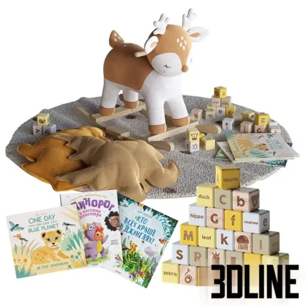 3D model set of nursery decorations including a plush rocking deer, mustard and beige leaf-shaped pillows, a stack of wooden alphabet blocks, and children's books.