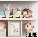 3D model collection of Kids Room Decor 92, featuring plush elephant and unicorn toys, framed animal art (sloth, rabbit), a pastel wooden train, stacking blocks, and decorative books on white shelves.