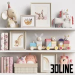 3D model collection of Kids Room Decor 92, featuring plush elephant and unicorn toys, framed animal art (sloth, rabbit), a pastel wooden train, stacking blocks, and decorative books on white shelves.