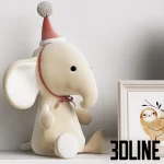 3D model collection of Kids Room Decor 92, featuring plush elephant and unicorn toys, framed animal art (sloth, rabbit), a pastel wooden train, stacking blocks, and decorative books on white shelves.