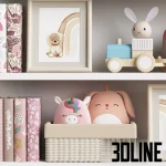 3D model collection of Kids Room Decor 92, featuring plush elephant and unicorn toys, framed animal art (sloth, rabbit), a pastel wooden train, stacking blocks, and decorative books on white shelves.