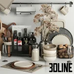 High-resolution 3D model of a large kitchen accessory set featuring off-white pots and pans, spice grinders, wooden utensils, cutting boards, and decorative bottles.