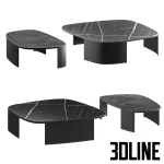 Detailed 3D model set of four Koishi coffee tables, featuring abstract, pebble-shaped marble tops with black veining and matte black lacquer bases.