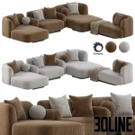 3D model of the KOOKU Pop Sofa Meridienne modular sectional, shown in brown and light grey textured fabric options, featuring deep chaise lounge sections, low curved armrests, and complementary throw pillows (square and spherical). 3. File Name kooku-pop-sofa-meridienne-modular-sectional-deep-lounge-3d-