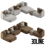 3D model of the KOOKU Pop Sofa Meridienne modular sectional, shown in brown and light grey textured fabric options, featuring deep chaise lounge sections, low curved armrests, and complementary throw pillows (square and spherical). 3. File Name kooku-pop-sofa-meridienne-modular-sectional-deep-lounge-3d-
