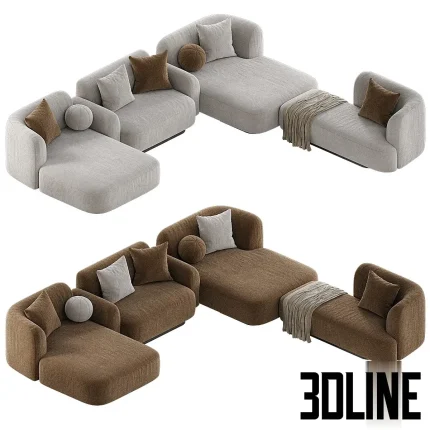 3D model of the KOOKU Pop Sofa Meridienne modular sectional, shown in brown and light grey textured fabric options, featuring deep chaise lounge sections, low curved armrests, and complementary throw pillows (square and spherical). 3. File Name kooku-pop-sofa-meridienne-modular-sectional-deep-lounge-3d-