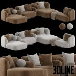 3D model of the KOOKU Pop Sofa Meridienne modular sectional, shown in brown and light grey textured fabric options, featuring deep chaise lounge sections, low curved armrests, and complementary throw pillows (square and spherical). 3. File Name kooku-pop-sofa-meridienne-modular-sectional-deep-lounge-3d-