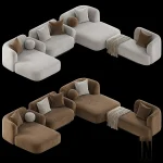 3D model of the KOOKU Pop Sofa Meridienne modular sectional, shown in brown and light grey textured fabric options, featuring deep chaise lounge sections, low curved armrests, and complementary throw pillows (square and spherical). 3. File Name kooku-pop-sofa-meridienne-modular-sectional-deep-lounge-3d-