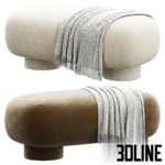 3D model of the Koto Cozy bench by Divan.ru, featuring a capsule-shaped seat and chunky round legs upholstered in olive green and white textured bouclé fabric.