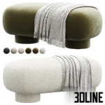 3D model of the Koto Cozy bench by Divan.ru, featuring a capsule-shaped seat and chunky round legs upholstered in olive green and white textured bouclé fabric.