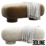 3D model of the Koto Cozy bench by Divan.ru, featuring a capsule-shaped seat and chunky round legs upholstered in olive green and white textured bouclé fabric.