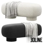 3D model of the Koto Cozy bench by Divan.ru, featuring a capsule-shaped seat and chunky round legs upholstered in olive green and white textured bouclé fabric.