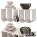 3D model of the Kristina Dam Studio Curved Bench made of beige powder-coated steel, featuring a rhythmic U-shaped base holding magazines and styled with glass bowls.