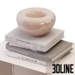 3D model of the Kristina Dam Studio Curved Bench made of beige powder-coated steel, featuring a rhythmic U-shaped base holding magazines and styled with glass bowls.
