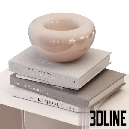 3D model of the Kristina Dam Studio Curved Bench made of beige powder-coated steel, featuring a rhythmic U-shaped base holding magazines and styled with glass bowls.
