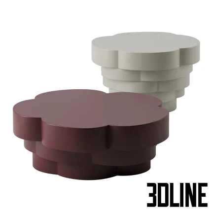 3D model set of Idda coffee tables by La Cividina, featuring a unique flower-shaped design with stacked horizontal layers, shown in deep burgundy and light grey finishes.
