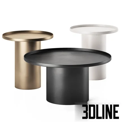 3D model set of Fleksa coffee tables by La Forma, featuring a round tray-style top and a thick cylindrical base, shown in three metal finishes: brushed gold, matte black, and white.