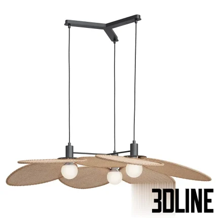 3D model of La Redoute Canopee pendant lamp featuring three rattan leaf-shaped shades suspended from a black metal frame.