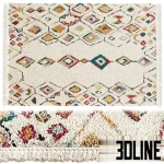 Photorealistic 3D model of the LA REDOUTE Taneti shaggy rug, a colorful Berber style carpet with geometric diamond patterns in yellow, red, and blue on an off-white base.