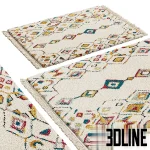 Photorealistic 3D model of the LA REDOUTE Taneti shaggy rug, a colorful Berber style carpet with geometric diamond patterns in yellow, red, and blue on an off-white base.