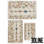 Photorealistic 3D model of the LA REDOUTE Taneti shaggy rug, a colorful Berber style carpet with geometric diamond patterns in yellow, red, and blue on an off-white base.