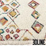 Photorealistic 3D model of the LA REDOUTE Taneti shaggy rug, a colorful Berber style carpet with geometric diamond patterns in yellow, red, and blue on an off-white base.