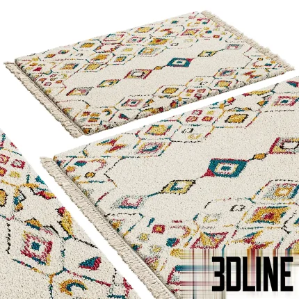 Photorealistic 3D model of the LA REDOUTE Taneti shaggy rug, a colorful Berber style carpet with geometric diamond patterns in yellow, red, and blue on an off-white base.