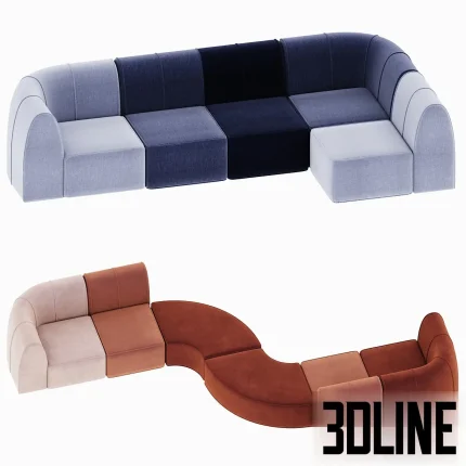 3D model of the Lake modular sofa system, featuring curved segments upholstered in vibrant color blocks of velvet (orange/rust/beige and blue/grey/navy), arranged in serpentine shapes.