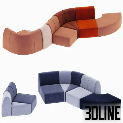 3D model of the Lake modular sofa system, featuring curved segments upholstered in vibrant color blocks of velvet (orange/rust/beige and blue/grey/navy), arranged in serpentine shapes.