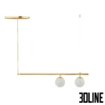 3D model of the Lampatron Barra chandelier featuring a horizontal linear design with spherical glass shades and metal bars, shown in gold and black finishes.