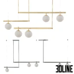 3D model of the Lampatron Barra chandelier featuring a horizontal linear design with spherical glass shades and metal bars, shown in gold and black finishes.