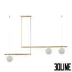 3D model of the Lampatron Barra chandelier featuring a horizontal linear design with spherical glass shades and metal bars, shown in gold and black finishes.