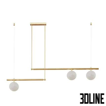 3D model of the Lampatron Barra chandelier featuring a horizontal linear design with spherical glass shades and metal bars, shown in gold and black finishes.