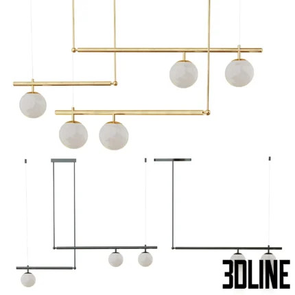 3D model of the Lampatron Barra chandelier featuring a horizontal linear design with spherical glass shades and metal bars, shown in gold and black finishes.