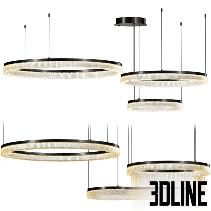 Detailed 3D model set of the Lampatron CELLA COMBO chandelier, featuring multiple black metal rings embedded with textured crystal rods and integrated LED lighting.