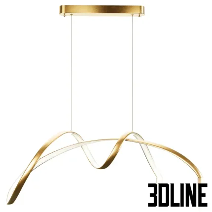 3D model of the lampatron NORVIN B LUX gold pendant lamp, featuring two intersecting, abstractly curved golden metal strips with integrated LED light channels.