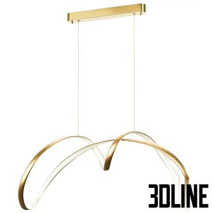 3D model of the lampatron NORVIN B LUX gold pendant lamp, featuring two intersecting, abstractly curved golden metal strips with integrated LED light channels.