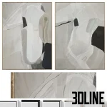 3D model set of two large vertical abstract paintings (diptych) featuring organic shapes and brushstrokes in a soothing neutral palette of beige, grey, white, and black, framed in thin gold/wood frames.