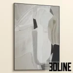 3D model set of two large vertical abstract paintings (diptych) featuring organic shapes and brushstrokes in a soothing neutral palette of beige, grey, white, and black, framed in thin gold/wood frames.
