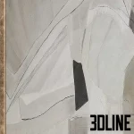 3D model set of two large vertical abstract paintings (diptych) featuring organic shapes and brushstrokes in a soothing neutral palette of beige, grey, white, and black, framed in thin gold/wood frames.